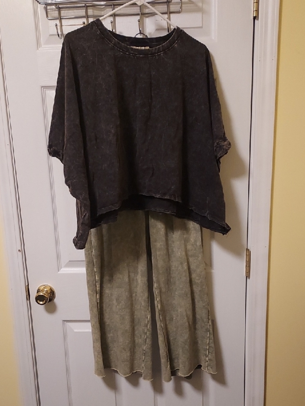 Washed Black Crop Top & Olive Wide-Leg Pants Set